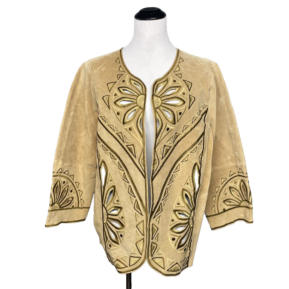 Vtg Bob Mackie Wearable Art XL Leather Jacket Tan Embroidery Cutout Floral Open